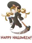  beret blonde_hair braid brown_hair call_(mighty_no._9) call_i green_eyes happy_halloween hat highres long_hair mighty_no._9 multicolored_hair sabasse scythe smile transparent_background twin_braids two-tone_hair weapon 