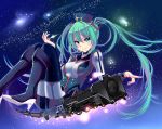  1girl boots green_eyes green_hair hat hatsune_miku high_heels highres knee_boots smile solo train twintails vocaloid yami_(m31) 