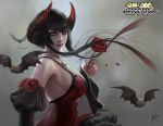  1girl bat black_hair breasts cleavage demon_horns detached_sleeves dress eliza_(tekken) fang flower horns pale_skin red_eyes rose short_hair simple_background solo tattoo tekken tekken_revolution vampire 