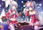  2girls ;d animal_ears box breasts capelet chimney cityscape cleavage dance_of_eternity detached_sleeves elbow_gloves frown gift gift_box gloves highres inia_sestina kneeling miniskirt multiple_girls muvluv muvluv_alternative muvluv_total_eclipse open_mouth purple_hair rabbit_ears sack santa_costume skirt smile snowflakes thighhighs twintails violet_eyes white_legwear wink yashiro_kasumi 