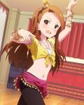  1girl artist_request blush brown_hair flat_chest front-tie_top frown idolmaster idolmaster_million_live! jpeg_artifacts long_hair midriff minase_iori navel official_art open_mouth pantyhose red_eyes tied_shirt 
