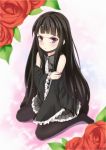  bangs black_hair blush dress girlfriend_(kari) long_hair roses shiranui_isuzu shy straight_hair thigh_highs violet_eyes 