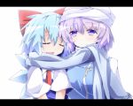  2girls blue_dress blue_hair bow bust cirno closed_eyes dress hair_bow hat hiro_(pqtks113) ice ice_wings letterboxed letty_whiterock multiple_girls open_mouth purple_hair scarf shared_scarf shirt short_sleeves simple_background smile touhou violet_eyes white_background wings 