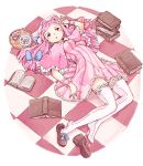 1girl book book_stack bow breasts capelet checkered checkered_floor circle hair_bow hat lace lace-trimmed_thighhighs leo_hariyoru loafers long_hair lying oekaki on_back on_floor patchouli_knowledge pink_eyes pink_hair shoe_dangle shoes solo thighhighs vertical_stripes white_legwear wrist_cuffs 