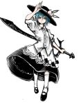  1girl alternate_costume alternate_hair_length alternate_hairstyle alternate_weapon backhand_grip blue_hair dress_shirt food fruit hand_on_hat hat_lift hinanawi_tenshi holding_sword huge_weapon i-la lace leaf mary_janes peach red_eyes shirt shoes short_hair simple_background sleeves_rolled_up socks solo touhou weapon white_background white_legwear white_shirt 