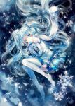  1girl blue_eyes blue_hair detached_sleeves dress earmuffs hatsune_miku highres long_hair looking_at_viewer onineko scarf snow snowflakes solo thighhighs twintails vocaloid yuki_miku 