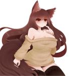  1girl animal_ears arano_oki bare_shoulders black_legwear black_panties breasts brown_hair cleavage imaizumi_kagerou large_breasts long_hair panties red_eyes ribbed_sweater simple_background solo sweater tail thighhighs touhou underwear white_background wolf_ears wolf_tail 
