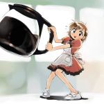  1girl apron coffee dress flying_sweatdrops ikeda_jun_(mizutamari) minigirl no_nose open_mouth original short_sleeves solo waitress 