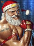  1boy 2013 beard blue_eyes christmas clenched_hand facial_hair flexing gloves grin hat manly matataku merry_christmas muscle mustache old_man santa_claus santa_hat smile solo tattoo veins 