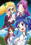  4girls aikatsu! blonde_hair blue_eyes blue_hair blush bow brown_hair ekakibito glasses hair_bow hair_ribbon highres kiriya_aoi long_hair multiple_girls open_mouth otoshiro_seira ponytail purple_hair ribbon running saegusa_kii shibuki_ran side_ponytail smile track_suit twintails violet_eyes 