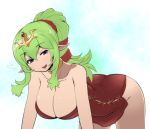  1girl blue_eyes blush breasts chiki cleavage fire_emblem fire_emblem:_mystery_of_the_emblem green_hair hair_ornament kara_age large_breasts long_hair open_mouth pointy_ears ponytail smile solo 