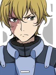  1boy blonde_hair graham_aker green_eyes gundam gundam_00 ikari_manatsu male pilot_suit scar 