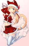  1girl belt blonde_hair blue_eyes blush breasts buckle cat_tail elbow_gloves fangs gloves gradient gradient_background hair_ribbon hat highres long_hair low_twintails midriff navel open_mouth original red_gloves ribbon santa_costume santa_hat simple_background skirt solo tail thighhighs twintails white_legwear zizi_(zz22) 