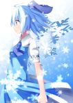  1girl ahoge arched_back ascot blue_eyes blue_hair bow cirno clenched_hands dress gradient gradient_background hair_bow light_smile ochakan profile short_hair short_sleeves snowflakes solo touhou 