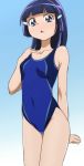  1girl aoki_reika blue_hair blush eyelashes gradient gradient_background hair_ornament hairclip long_hair looking_at_viewer manji_(tenketsu) open_mouth precure school_swimsuit simple_background smile_precure! solo standing swimsuit white_background 