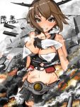  1girl bare_shoulders blush breasts brown_hair burnt_clothes gloves green_eyes grin headgear kantai_collection large_breasts looking_at_viewer midriff mistrail mutsu_(kantai_collection) navel personification short_hair skirt smile smoke solo thighhighs white_gloves 