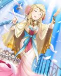  1girl bell blonde_hair blue_sky cape chorister church clarice_(idolmaster) closed_eyes feathers hair_ornament idolmaster idolmaster_cinderella_girls jewelry jpeg_artifacts official_art singing sky solo 