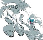  2girls call_(inafune_keiji) call_(mighty_no._9) call_(natsume_yuuji) cunt_punt dark_persona dual_persona granfaloon kicking long_hair mighty_no._9 monochrome multiple_girls partially_colored ponytail red_eyes robot robot_joints twintails vomit 