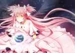  1girl bangs blush collarbone dress earth frills gloves goddess_madoka hair_ribbon jewelry kaname_madoka long_hair mahou_shoujo_madoka_magica payot pink_dress pink_gloves pink_hair ribbon short_twintails smile solo space spoilers suikka twintails very_long_hair wings yellow_eyes 