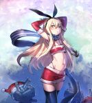  &gt;_&lt; 1girl alternate_costume armpits arms_up black_legwear black_panties blonde_hair blue_eyes blush bow_(bhp) christmas elbow_gloves flat_chest gloves hairband hat highleg highleg_panties kantai_collection long_hair looking_at_viewer navel panties pencil_skirt personification red_gloves rensouhou-chan santa_hat scarf shimakaze_(kantai_collection) thighhighs tubetop underwear 