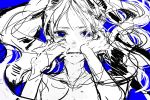  1girl alternate_eye_color blue_background blue_eyes crying facing_viewer hands_on_own_cheeks hands_on_own_face hatsune_miku long_hair looking_at_viewer messy_hair mitsui monochrome simple_background sketch spot_color tears topless twintails upper_body vocaloid 
