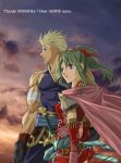  1boy 1girl armor bandages belt blonde_hair blue_eyes cape character_request clouds detached_sleeves evening final_fantasy final_fantasy_vi green_hair hair_ribbon hits long_hair mash_rene_figaro mico3 parted_lips profile ribbon sky sleeveless sunset sword thanks tina_branford twilight unmoving_pattern weapon wind 