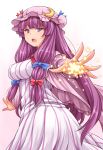 1girl blush bow breasts crescent hasu_(hk_works) hat large_breasts long_hair looking_at_viewer open_mouth patchouli_knowledge purple_hair solo touhou violet_eyes 