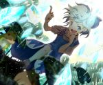  1girl blue_eyes blue_hair blurry blush_stickers bow chin_rest cirno depth_of_field dress dutch_angle frog frozen hair_bow ice icicle leaf open_mouth pointing pointing_up shards short_hair solo tokoroten_(hmmuk) touhou 