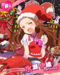  &gt;_&lt; 1girl apron blush brown_hair character_name christmas dress embarrassed food hat idolmaster idolmaster_million_live! long_hair minase_iori official_art open_mouth santa_hat snowman solo star tears 