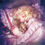  1girl alice_margatroid bed blanket blonde_hair character_doll closed_eyes kirisame_marisa matsuda_(matsukichi) pajamas pillow short_hair sleeping solo touhou 