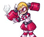 1girl anaugi blonde_hair call_(mighty_no._9) call_a flying_sweatdrops glasses gloves hairpods highres mighty_no._9 pantyhose red-framed_glasses robot robot_joints short_hair shorts solo steam striped striped_legwear striped_sleeves transparent_background 