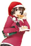  1girl brown_eyes brown_hair cake christmas eating food fried_chicken gift hat looking_at_viewer mattaku_mousuke original plate santa_hat solo sweater 