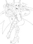  1girl absurdres boots breasts center_opening choker cleavage demon_girl demon_horns detached_sleeves fearless_night hell_princess high_heel_boots highres horns knee_boots lineart monochrome navel pigeon-toed pointy_ears revision smile spikewible sword weapon wings 