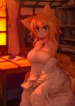  1girl alternate_costume animal_ears aqua_eyes bare_shoulders blonde_hair blue_eyes bookshelf breasts brooch cleavage envelope fang fox_tail highres jewelry koha large_breasts letter looking_at_viewer multiple_tails necklace ring short_hair smile solo tail tears touhou yakumo_ran 