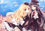  2girls alisa_leinfort alternate_costume black_dress black_hair blonde_hair blue_eyes bow dress eiyuu_densetsu elise_schwartzer falcom flower green_eyes hat long_hair multiple_girls red_rose ribbon rose sen_no_kiseki sky smile willfin 