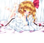  1girl barefoot blonde_hair blush bow collarbone flandre_scarlet ginzake_(mizuumi) hair_bow lying mouth_hold naked_shirt necktie on_stomach pointy_ears red_eyes soles solo touhou wings 