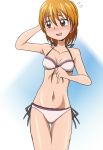  1girl bikini bikini_bottom bikini_top blush brown_eyes brown_hair embarrassed eyelashes futari_wa_precure manji_(tenketsu) misumi_nagisa navel open_mouth precure short_hair sketch solo standing swimsuit white_background 