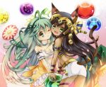  2girls alraune_(p&amp;d) animal_ears bastet_(p&amp;d) black_hair blush bracelet breasts cat_ears cat_tail cleavage dark_skin drill_hair egyptian fang flower green_eyes green_hair janne1230 jewelry long_hair looking_at_viewer midriff multiple_girls open_mouth puzzle_&amp;_dragons tail wink 