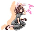  1girl alternate_costume animal_ears between_legs blush brown_hair character_name dress drop_shadow grey_dress hand_between_legs hand_in_hair highres i-la inaba_tewi leaning_forward long_hair mary_janes rabbit_ears red_eyes ribbon-trimmed_collar shoes short_sleeves simple_background solo texture touhou white_legwear 
