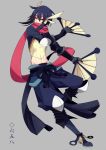  1boy abs blue_hair covering_mouth fan folding_fan gloves greninja hair_ornament highres japanese_clothes merlusa midriff ninja personification pokemon pokemon_(game) pokemon_xy red_eyes scarf simple_background solo 
