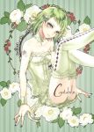  1girl argyle argyle_legwear bare_shoulders choker dress earrings flower green_eyes green_hair gumi hair_ornament hairclip highres jewelry nail_polish ohagi_(ymnky) strapless_dress thighhighs vocaloid 