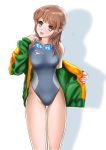  1girl brown_eyes brown_hair competition_swimsuit female goggles goggles_around_neck highres jacket long_hair one-piece_swimsuit original reiji-sss solo speedo_(company) swimsuit 