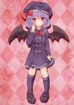  1girl :o alternate_costume argyle argyle_background bat_wings bebitera bow hand_on_own_face hat hat_ribbon highres kneehighs lavender_hair long_sleeves looking_at_viewer mary_janes pigeon-toed pink_background red_eyes remilia_scarlet ribbon sailor_dress shadow shoes short_hair skirt_hold solo touhou wings 