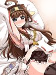  1girl :q ahoge arm_up black_eyes blush brown_hair cup detached_sleeves double_bun hairband heart heart-shaped_pupils heart_ahoge japanese_clothes kantai_collection kongou_(kantai_collection) long_hair naitou_kouse no_panties nontraditional_miko pillow skirt smile solo symbol-shaped_pupils teacup thighhighs tongue zettai_ryouiki 