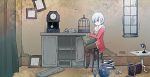  1girl blue_eyes boots chest clock inuinui jacket original silver_hair sitting skirt solo table window 