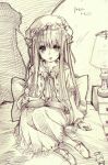  1girl arm_at_side bed character_name crescent_hair_ornament crescent_moon dated hair_ornament hair_ribbon hat hatchshading i-la lamp legs_folded light line_shading long_hair looking_at_viewer mary_janes monochrome moon nightstand on_bed pajamas patchouli_knowledge payot pillow reading ribbon shadow shoe_bow shoes sitting solo star touhou traditional_media translated turning_page very_long_hair 