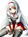  1girl brown_eyes hairband japanese_clothes kantai_collection long_hair looking_at_viewer muneate parted_lips personification shoukaku_(kantai_collection) silver_hair solo thighhighs white_background yoruneko 