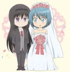  2girls akemi_homura bare_shoulders black_hair blue_eyes blue_hair bouquet chibi collarbone confused crossdressinging dress flower hairband heart long_hair mahou_shoujo_madoka_magica miki_sayaka multiple_girls neko_hime short_hair sweatdrop tuxedo violet_eyes wedding wedding_dress yuri 