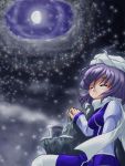  1girl blush breasts closed_eyes cloudy_sky cup fujimiya_kikyou gibbous_moon hand_rest hat juliet_sleeves knee_up lavender_hair layered_dress letty_whiterock long_sleeves night night_sky puffy_sleeves rock scarf short_hair sky smile snowing solo steam touhou 