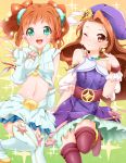  2girls belt bow brown_eyes brown_hair dress earrings elbow_gloves fingerless_gloves gloves green_eyes hair_bow hat idolmaster jewelry long_hair midriff minase_iori multiple_girls navel necklace s-ram skirt smile standing_on_one_leg star takatsuki_yayoi thighhighs twintails wink zettai_ryouiki 